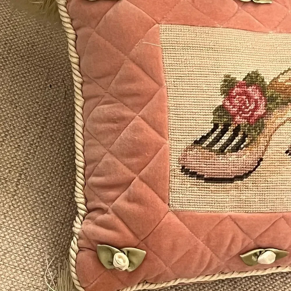 Vtg Handmade Embroidered Needle Point Tapestry Ruffle Tassel Rectangle Pillow